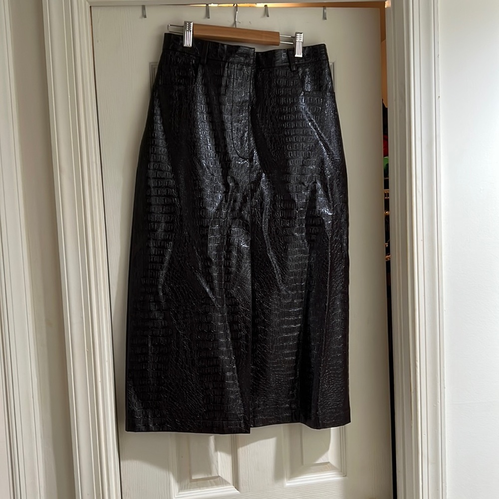 Faux snakeskin leather skirt.